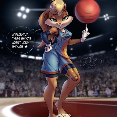 absurd res, ball, barefoot, basketball, basketball (ball), basketball uniform, big penis, biped, breasts, casual exposure, clothed, clothing, dialogue, english text, feet