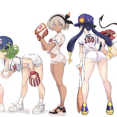 5girls, ass, baseball cap, baseball uniform, bea (pokemon), clothed, clothing, doki doki literature club, genshin impact, group sex, mona (genshin impact), natsuki (doki doki literature club), nintendo, one-punch man, original character