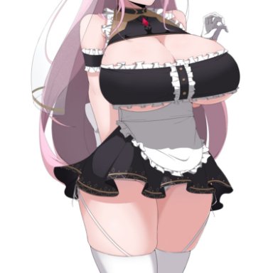 angry, b1ackgoldsaw, big breasts, cleavage cutout, fangs, female, flustered, hololive, hololive english, long hair, maid uniform, mori calliope, pink hair, red eyes, solo