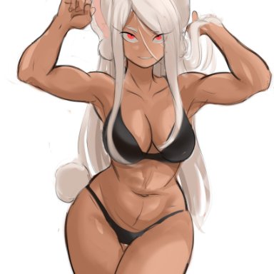 1girls, animal ears, female, looking at viewer, miruko, muscular, my hero academia, rakeemgarcia, rakeemspoon, rumi usagiyama, simple background, underwear, underwear only