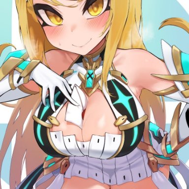 1girls, big breasts, blush, breasts, cleavage, female, female only, jtveemo, large breasts, looking at viewer, mythra, super smash bros., xenoblade (series), xenoblade chronicles 2