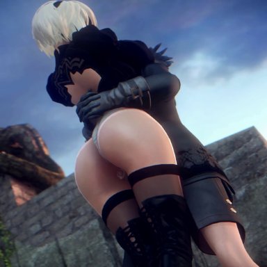 1boy, 1girls, 3d, animated, ass, blindfold, female, huge ass, larger female, male, nier, nier: automata, noname55, size difference, smaller male