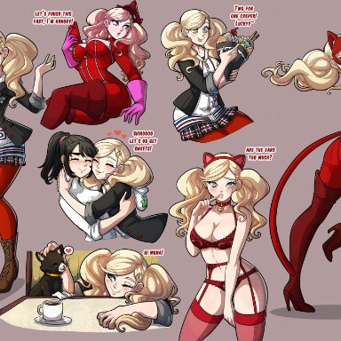 :p, 2girls, ann takamaki, atlus, bell collar, black hair, blonde hair, blue eyes, bodysuit, boots, cat ears, character sheet, cleavage, clothing, costume