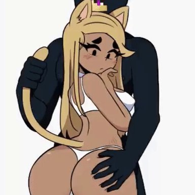 1boy, 1girls, animated, ass, ass grab, big ass, blonde hair, blush, bra, cameltoe, cat ears, cat tail, catgirl, dark-skinned female, darkprincess04