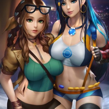 2girls, aerith gainsborough, bare shoulders, big breasts, blue eyes, blurry background, breasts, clothed, clothed female, dress, earrings, female, female only, final fantasy, final fantasy vii