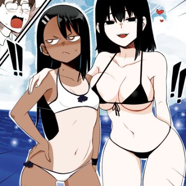 1boy, 2girls, bare legs, bikini, blue sky, blush, breast size difference, cloud, colored, colorized, curby figure, dark-skinned female, female, hayase nagatoro, hayase's sister