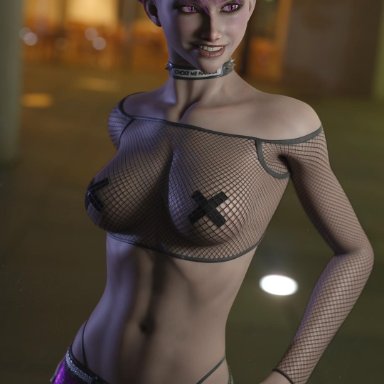 1girls, 3d, 3d (artwork), blender, breasts, choker, dc, female, female focus, female only, jinx, jinx (teen titans), nipple tape, pasties, pink eyes