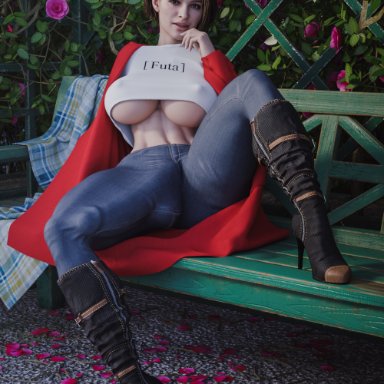 1futa, 3d, abs, balls, breasts, brown hair, bulge, erection, erection under clothes, futa only, futanari, huge breasts, huge cock, jill valentine, looking at viewer