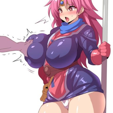 1girls, blush, breast grab, breasts, brown eyes, dragon quest, dragon quest dai no daibouken, erect nipples, female, gloves, grabbing, groping, hand up, huge breasts, konno tohiro