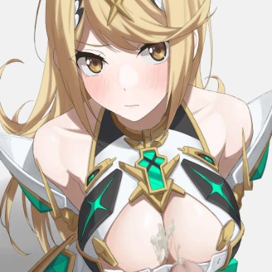 1boy, 1girls, bangs, bare shoulders, blonde hair, blush, breasts, chest jewel, cleavage, cleavage cutout, clothing cutout, cum, cum on body, cum on breasts, dress