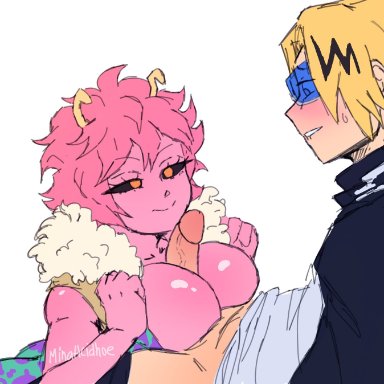 1boy, 1girls, big breasts, big penis, blush, breasts, denki kaminari, mina ashido, minaacidhoe, my hero academia, pink hair, pink skin, titjob, yellow hair