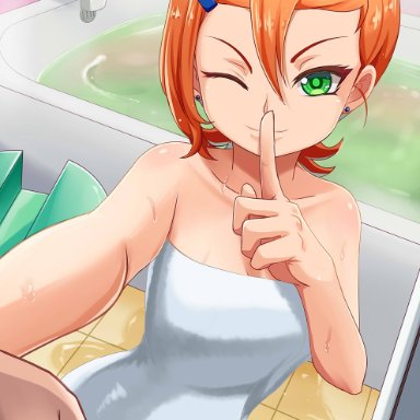 bath, bathroom, ben 10, cartoon network, fuji fujiko, green eyes, gwen tennyson, looking at viewer, offscreen character, pulling hand, red hair, seductive, short hair, towel, towel on head