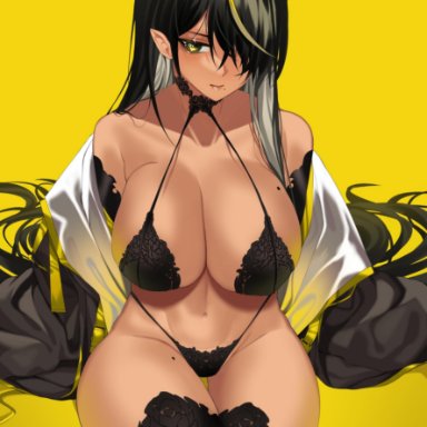 abs, arms behind back, bare shoulders, belly button, big breasts, black bra, black hair, black legwear, black panties, bra, choker, cleavage, dark elf, dark hair, dark skin