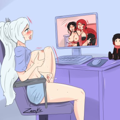 1girls, 2futas, ambiguous penetration, areolae, breasts, computer, crescent rose, crescent rose (character), female, fingering, fingering self, from behind, futa on futa, futanari, futanari cucking