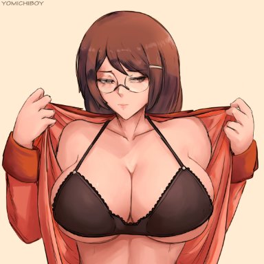 1girls, bakemonogatari, black bra, bra, breasts, brown hair, cleavage, expressionless, female, glasses, hair ornament, hairclip, hanekawa tsubasa, large breasts, long hair