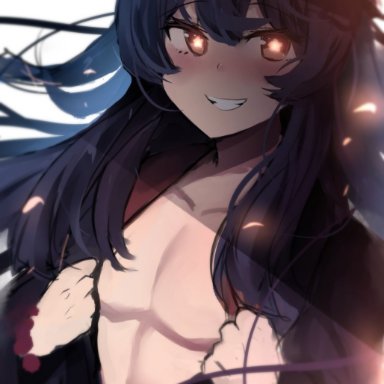 1boy, bare pecs, black hair, blush, brown eyes, commentary, doodle, femboy, flat chest, flower, genderswap (ftm), genshin impact, glowing, glowing eyes, grin