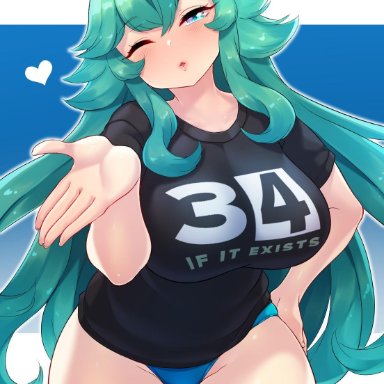 ahoge, aqua eyes, aqua hair, artist name, bangs, black shirt, blown kiss, blue background, blue panties, blush, born-to-die, breasts, clothes writing, collarbone, cowboy shot