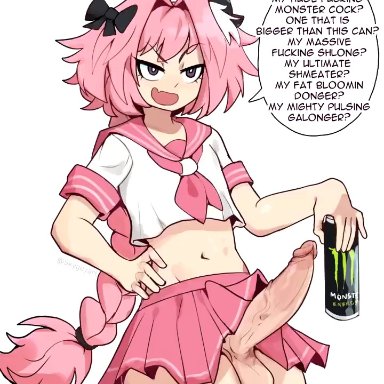 1boy, androgynous, astolfo (fate), astolfo monster cosplay (meme), balls, belly out, big penis, black ribbon, canon crossdressing, crossdressing, erect, erect penis, erection, fate (series), fate/grand order