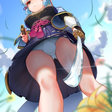 1boy, 1futa, aether (genshin impact), ayaka (genshin impact), bangs, blonde hair, blue eyes, blue panties, breasts, bulge, clothed, clothing, detailed background, dress, from below