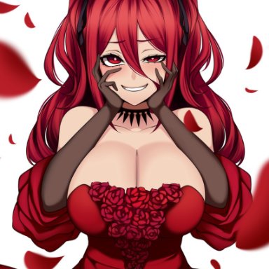 big breasts, blush, camui kamui, cleavage, crazy, dress, gloves, huge breasts, red dress, red eyes, red hair, smile, yandere