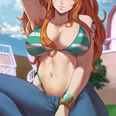 big breasts, female, female focus, female only, long hair, looking at viewer, looking away, nami, one piece, orange hair, shexyo, solo, solo female, solo focus, wide hips