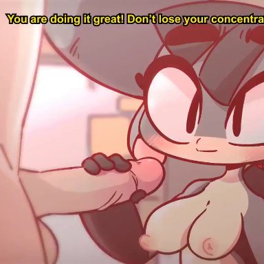 1boy, animated, big breasts, character request, cum, cum on face, cumshot, diives, ejaculation, english text, furry, handjob, kissing penis, naked, original character