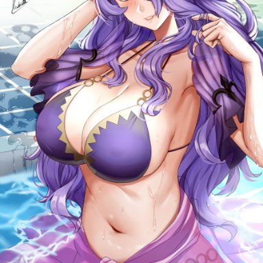 1girls, alternate costume, bangs, bare shoulders, big breasts, blush, breasts, camilla (fire emblem), cleavage, collarbone, female, fire emblem, fire emblem fates, fire emblem heroes, flower