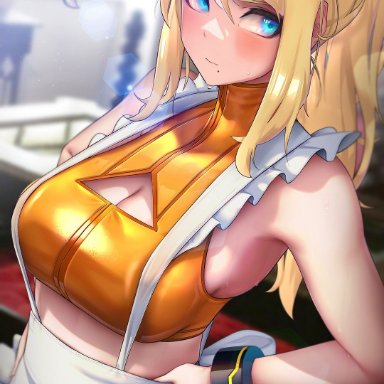 1girls, apron, bangs, bare shoulders, big breasts, blonde hair, blue eyes, blurry background, blush, breasts, cleavage, cleavage cutout, clothed, embarrassed, female