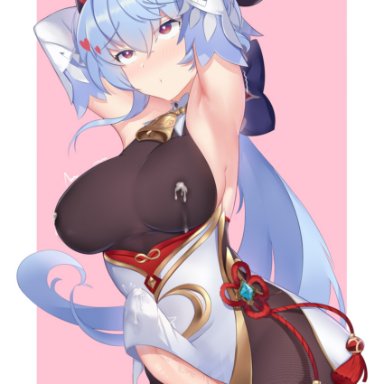 :o, after masturbation, ahoge, arched back, armpits, arms behind head, arms up, asymmetrical bangs, asymmetrical hair, bangs, bare shoulders, bell, black horns, blush, bodystocking