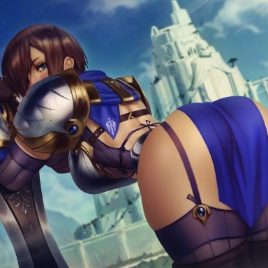 armor, ass, bent over, blue eyes, boots, brown hair, garen, garen crownguard, garter straps, league of legends, looking at viewer, looking back, realistic, rule 63, tagme