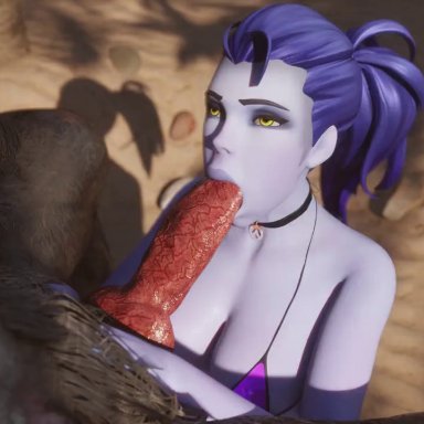 1boy, 1girls, 1monster, 3d, amelie lacroix, animal genitalia, animated, big breasts, big penis, bikini, blender, blizzard entertainment, blowjob, blue skin, breasts