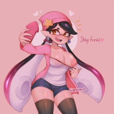 beanie, breasts, callie (splatoon), clothed, earrings, female, flashing, negieggy, negitives, negitivess, no bra, phone, selfie, solo, solo female