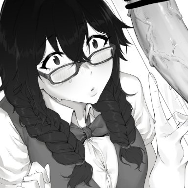 1girls, black and white, black hair, blush, censored, clothes, cock shock, dawalixi, glasses, hair between eyes, large breasts, monochrome, original, penis, pointless censoring