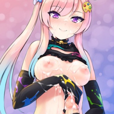 1boy, airani iofifteen, aposine, artist name, bangs, black bra, black gloves, blue bow, blue hair, blush, bow, bra, bra lift, breasts, bukkake