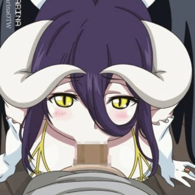 1boy, 1boy1girl, 1girl, albedo, albedo (overlord), animated gif, big boobs, big breasts, black hair, blowjob, gif, ocarinaotw (artist), overlord, yellow eyes