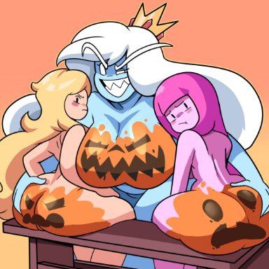 3girls, adventure time, body paint, cartoon network, fionna the human girl, halloween, ice queen, nude, nude female, princess bubblegum, rule 63, superspoe, tagme, thick, thick ass