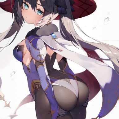 aqua eyes, ass, ass grab, ass support, bangs, black gloves, black hair, black legwear, blush, bodysuit under clothes, breasts, closed mouth, commentary, earrings, eyebrows visible through hair