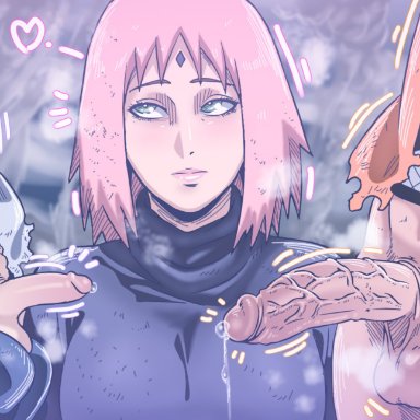 1girls, 2boys, big breasts, breasts, d-art, female, huge breasts, naruto, naruto (series), naruto shippuden, penis, penis size difference, sakura haruno, sasuke uchiha, uzumaki naruto