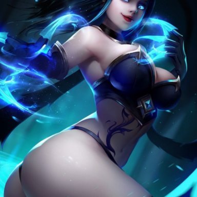 big ass, big breasts, blue eyes, blue hair, claws, evelynn, glowing eyes, league of legends, realistic, riot games, shadow evelynn, tagme, tattoo