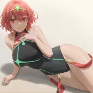 1girls, big breasts, breasts, cleavage, female, female only, large breasts, looking at viewer, one-piece swimsuit, pyra, solo, swimsuit, thick thighs, wide hips, xenoblade (series)
