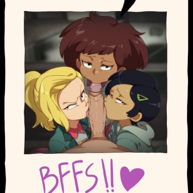 1boy, 3girls, amphibia, angry, angry fellatio, anne boonchuy, asian, asian female, bff, black hair, blonde hair, brown hair, collaborative fellatio, dark-skinned female, disney