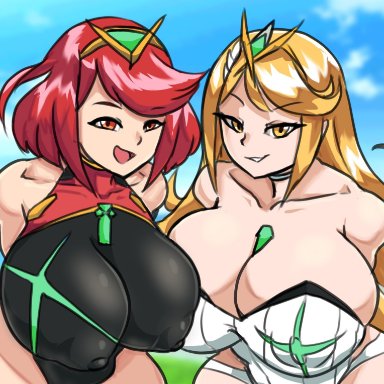 big breasts, blonde hair, bob cut, breasts, cleavage, erect nipples, females, females only, huge breasts, large breasts, leotard, long hair, looking at viewer, mythra, nintendo