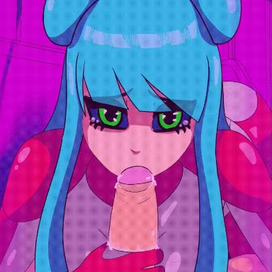 1boy, 1girls, android, animated, big penis, blowjob, blue hair, blue sclera, bodysuit, bouncing breasts, bwc, clothed, clothing, cock worship, cyborg