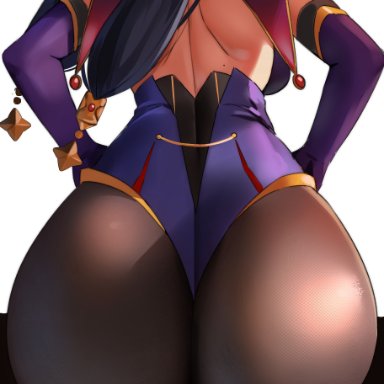 2ass, cape, detached sleeves, elbow gloves, female, from behind, genshin impact, gloves, hair ornament, hair ribbon, hat, huge ass, leotard, long hair, meettheton