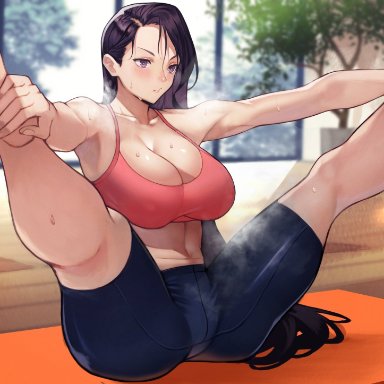bare shoulders, barefoot, bike shorts, bottle, bow, breasts, cleavage, commentary, exercise, feet, female, highres, large bow, large breasts, long hair