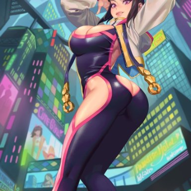 absurdres, arm behind back, arms up, ass, ass cutout, bangs, black hair, blunt bangs, breasts, building, butt crack, city, cleavage, clothing cutout, commentary