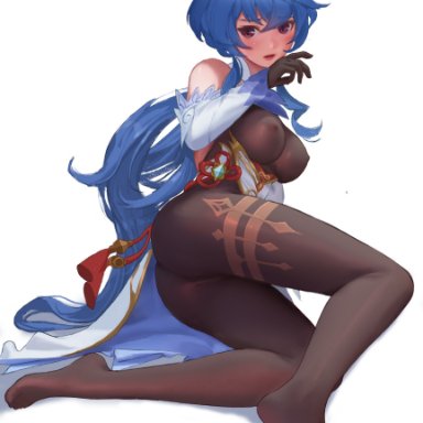 armwear, ass, bare shoulders, barefoot, blue hair, blush, bodystocking, breasts, d8800880, eyebrows, eyelashes, female, female focus, female only, ganyu (genshin impact)