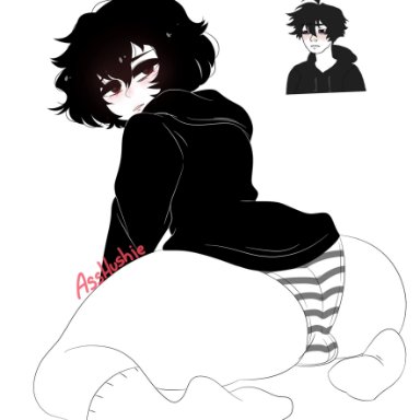 1boy, asshushie, big ass, black hair, black hoodie, blush, blushing, bulge, doomer boy, emo, femboy, fluffy hair, hoodie, panties, socks