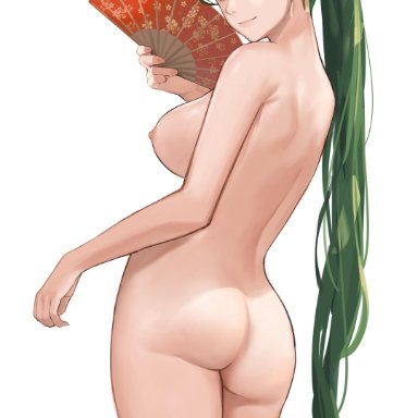 [email protected], 1girls, ass, back view, bare back, big ass, big breasts, completely nude, fan, fire emblem, green eyes, green hair, long hair, looking at viewer, looking back