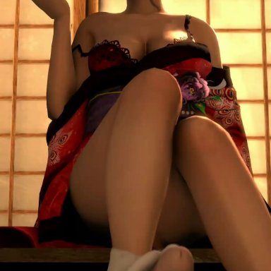 1boy, 1girl, 3d, all pov, animated, ashikoki, black hair, bra, breasts, cleavage, dead or alive, dead or alive 5, extremely large filesize, feet, fellatio